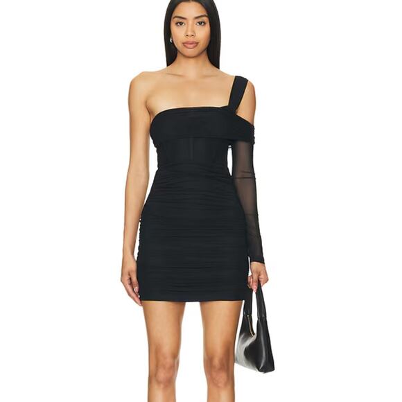 Superdown Black One Sleeve Mini Dress XS Bodycon Off Shoulder Asymmetric $85 NEW - Picture 1 of 8